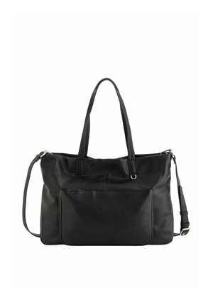 Schwarze Ledertasche mit zwei Schulterriemen, einer Vorderseite mit Tasche und einem verstellbaren seitlichen Riemen mit Schnalle.