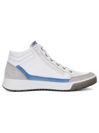 White high-top sneaker with gray suede heel and toe, blue side stripe, side zipper, and white laces on a flat rubber sole.