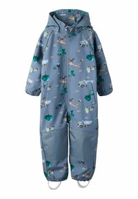 Blauer wasserdichter Overall mit Frontreißverschluss, versehen mit einem verspielten Motiv von Fahrzeugen und Bäumen. Mit elastischen Bündchen und abnehmbaren Fußriemen.