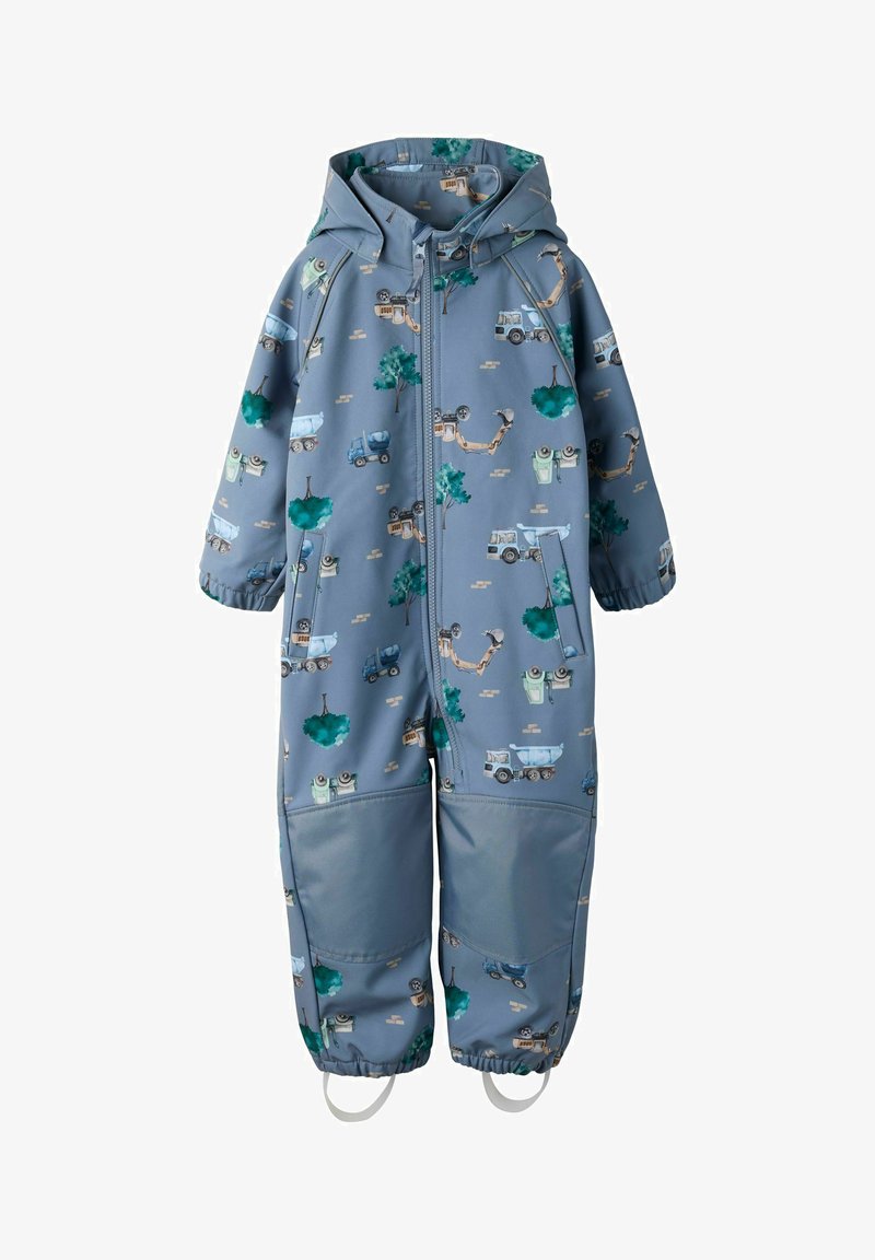 Blauer wasserdichter Overall mit Frontreißverschluss, versehen mit einem verspielten Motiv von Fahrzeugen und Bäumen. Mit elastischen Bündchen und abnehmbaren Fußriemen.