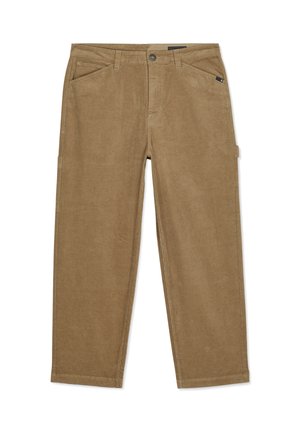 Pantalon homme droit en velours côtelé marron avec poches utilitaires latérales, passants pour ceinture, fermeture à bouton, et poches avant inclinées sur fond blanc.