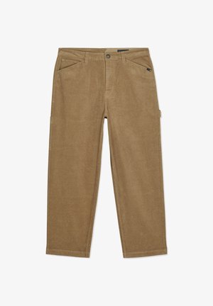 Pantalon homme droit en velours côtelé marron avec poches utilitaires latérales, passants pour ceinture, fermeture à bouton, et poches avant inclinées sur fond blanc.