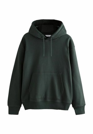 Dark green hoodie made from soft fabric, featuring a large front pocket, adjustable drawstring hood, and ribbed cuffs and hem.