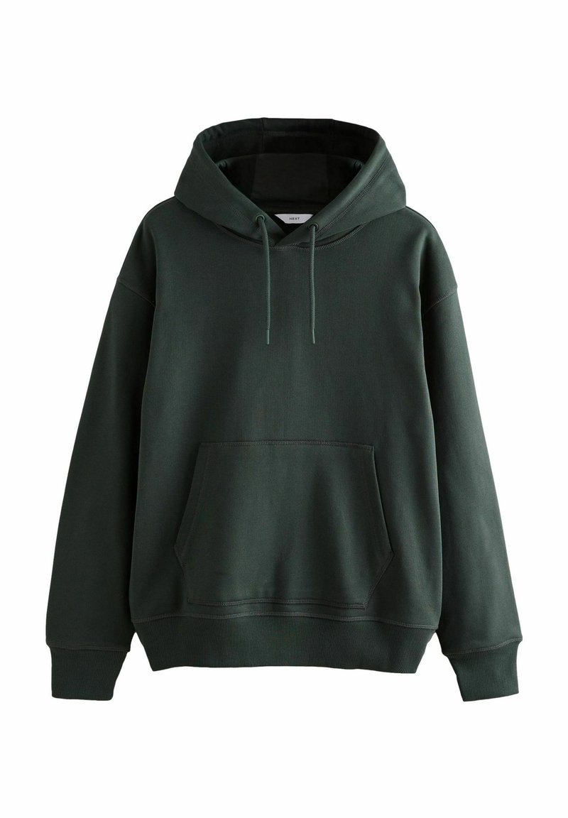 Dark green hoodie made from soft fabric, featuring a large front pocket, adjustable drawstring hood, and ribbed cuffs and hem.