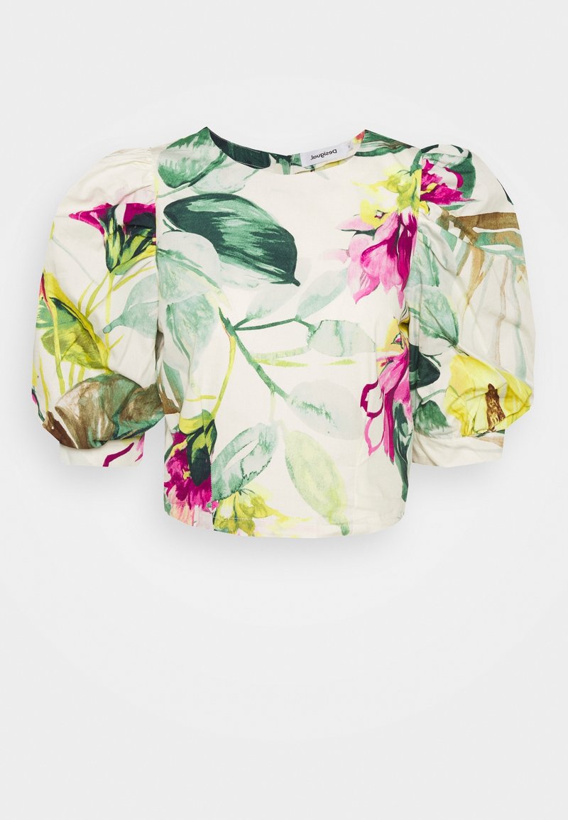 Blouse blanche à manches bouffantes avec un imprimé floral coloré en teintes vertes, jaunes et roses, col rond et fermeture éclair au dos.