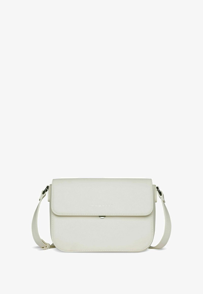 Borsa in finta pelle bianca con chiusura a pattina, tracolla regolabile e logo in rilievo sul davanti. Texture liscia e design minimalista.