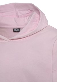 Felpa rosa in cotone con texture a coste e cappuccio con cordino. Presenta un'etichetta con logo all'interno dello scollo.