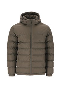 Olivgrön pufferjacka med huva, som har en framtida dragkedja och quiltat mönster. Tillverkad av lätt, vattentåligt material.