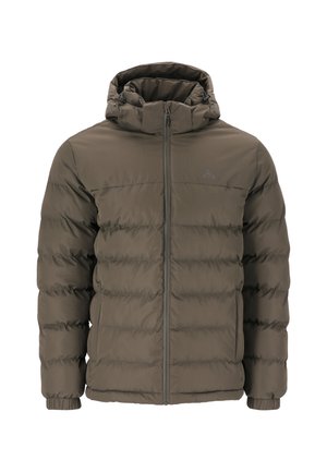 Olivgrön pufferjacka med huva, som har en framtida dragkedja och quiltat mönster. Tillverkad av lätt, vattentåligt material.