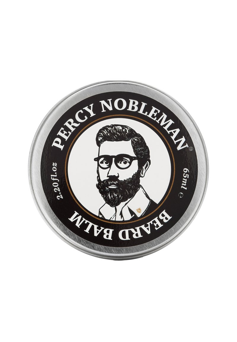 Cirkulär metalcontainer med en svart etikett som har en vintage-inspirerad illustration av en man med skägg och glasögon; texten lyder "PERCY NOBLEMAN BEARD BALM."