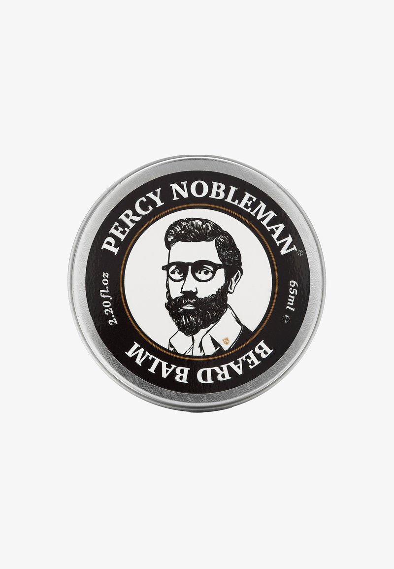 Cirkulär metalcontainer med en svart etikett som har en vintage-inspirerad illustration av en man med skägg och glasögon; texten lyder "PERCY NOBLEMAN BEARD BALM."