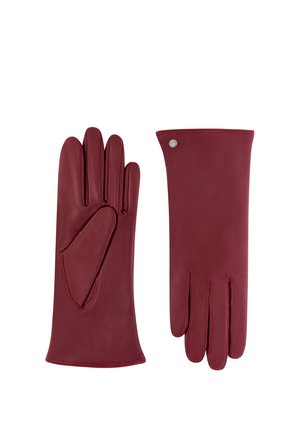 Paar elegante burgunderrote Lederhandschuhe, einer mit der Handflächenansicht, der andere mit der Rückseite, mit minimaler Nahtführung und einem kleinen Metallemblem.