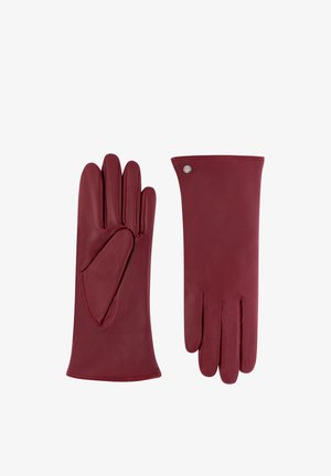 Paar elegante burgunderrote Lederhandschuhe, einer mit der Handflächenansicht, der andere mit der Rückseite, mit minimaler Nahtführung und einem kleinen Metallemblem.