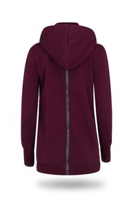 Felpa con cappuccio bordeaux, con zip a lunghezza intera, polsi e orlo a coste, texture liscia e design semplice. Vista posteriore mostrata.