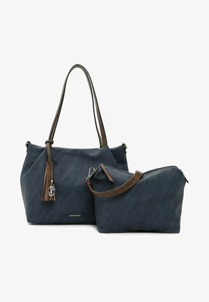 Navyfarbene Tragetasche aus Stoff mit zwei Griffen, versehen mit einem braunen Lederelement und Quasten-Detail. Enthält eine kleinere passende Tasche mit Reißverschluss.