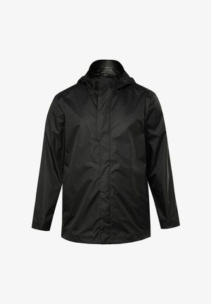 Black waterproof jacket with a hood, front zipper closure, and a smooth texture. Long sleeves and a straight cut design.