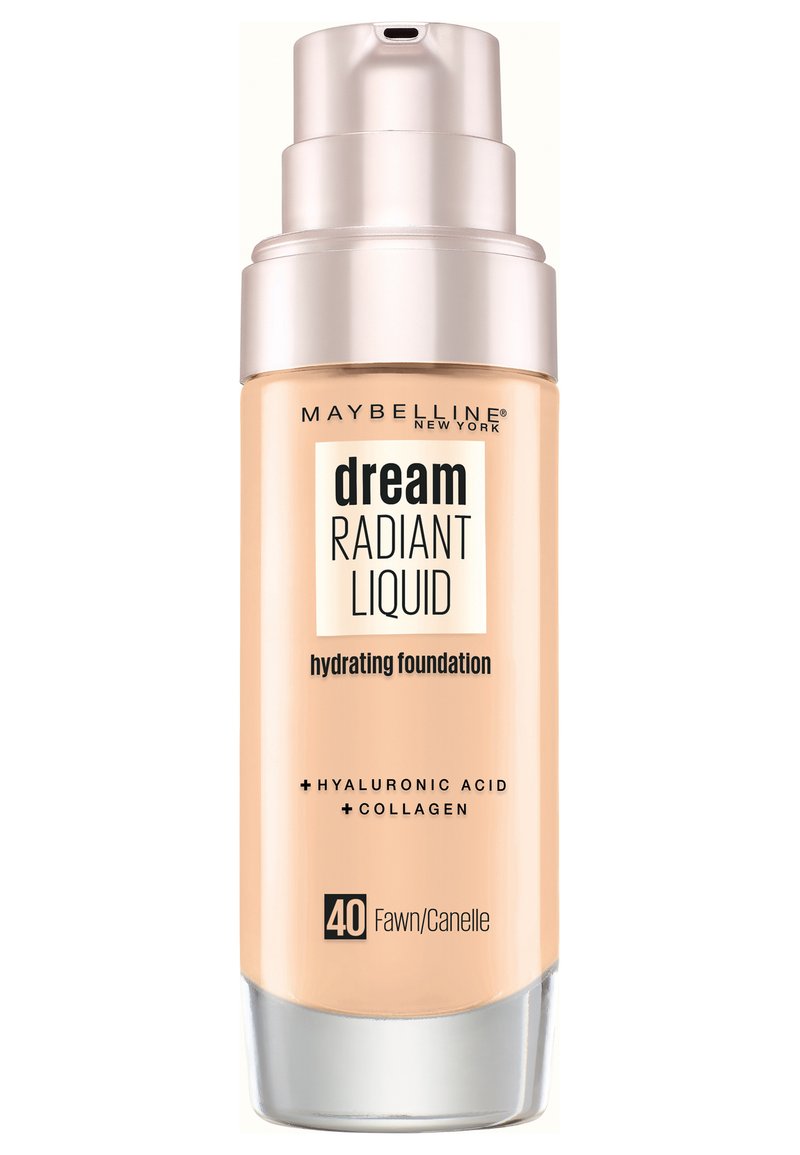 Fond de teint liquide Dream Radiant de Maybelline en teinte 40 Fawn/Cannelle ; flacon en verre avec une pompe argentée, couleur pêche claire, étiqueté hydratant.