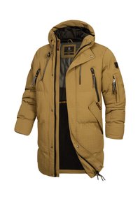 Khaki lange pufferjas met gequiltte textuur, meerdere rits- en drukknoopzakken, verstelbare capuchon en contrasterende zwarte voering.
