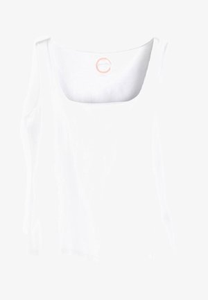 Top alb din material moale, cu decolteu pătrat și bretele late, având o textură netedă și fără modele sau accente vizibile.