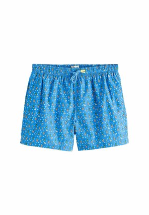 Șort de baie albastru cu talie cu șnur, având un mic model de sticle și pahare în alb, galben și verde.