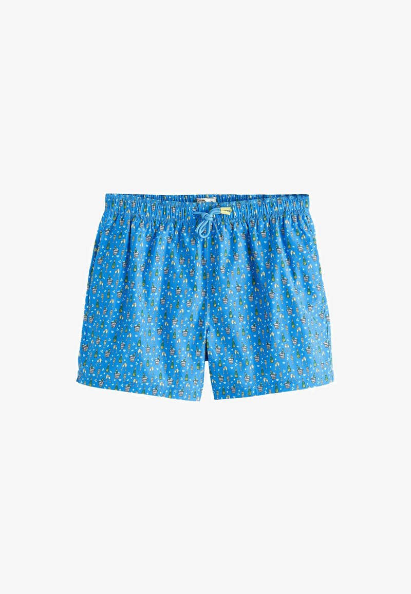 Short de bain bleu à taille coulissée, avec un petit motif de bouteilles et de verres en blanc, jaune et vert.