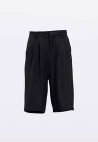 Schwarze, plissierte Shorts mit tailliertem Bund, aus glattem Stoff gefertigt. Sie haben einen geraden Schnitt und enden über dem Knie.