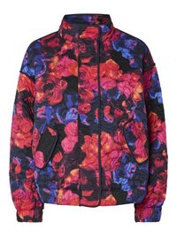 Siuvinėta striukė su aukštu kaklu, šoninėmis kišenėmis ir gėlių raštu raudonoje, oranžinėje, mėlynoje, violetinėje ir juodoje spalvose.