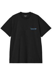 Camiseta de algodón negra con mangas cortas, que presenta un logotipo azul de "Carhartt WIP" en la parte izquierda del pecho y un clásico cuello redondo.