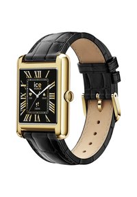 Črn usnjen trak za uro z zlatim pravokotnim ohišjem, črnim številčnikom, rimskimi številkami, srebrnimi kazalci in krono na strani.