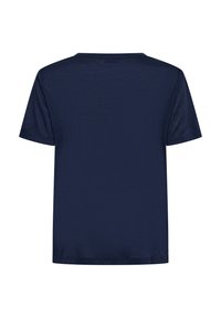 Marineblå kortærmet t-shirt, blød tekstur, rund halsudskæring, lige snit, ingen synlige mønstre eller detaljer, ensartet rygvisning.