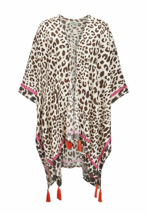 Lichtgewicht kimono met luipaardprint, brede mouwen, roze rand en oranje kwastjes bij de zoom en de vooropening.