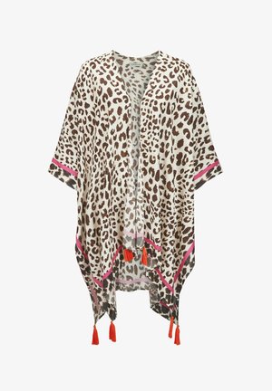 Lichtgewicht kimono met luipaardprint, brede mouwen, roze rand en oranje kwastjes bij de zoom en de vooropening.