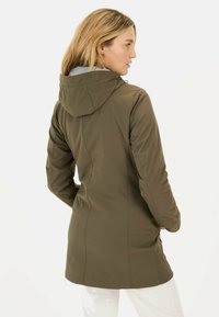 Olive green hooded jacket with a streamlined design. Features a soft texture and side pockets, suitable for casual wear or outdoor activities.