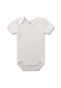 Weißer Kurzarm-Body aus weichem Baumwollstoff, mit Rundhalsausschnitt, Druckknöpfen im Schritt und verstärkten Schulternähten.