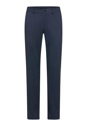 Pantaloni aderenti blu scuro con passanti per cintura, chiusura con bottone frontale e zip, mostrati su uno sfondo bianco.
