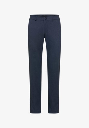 Dunkelblaue, schmal geschnittene Hose mit Gürtelschlaufen, Knopf vorne und Reißverschluss, vor weißem Hintergrund präsentiert.