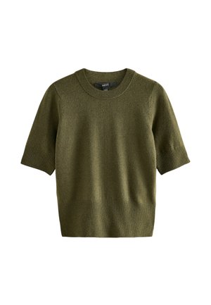 Olive green short-sleeve sweater with a round neck, textured body, and ribbed hem. Soft knit material with a relaxed silhouette.