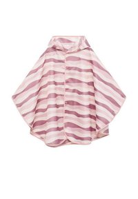 Roza in mauve prugasta ponča z kapuco; izdelana iz lahkega, svetlečega materiala; ima sprednje zapiranje na gumbe in zaobljene robove.