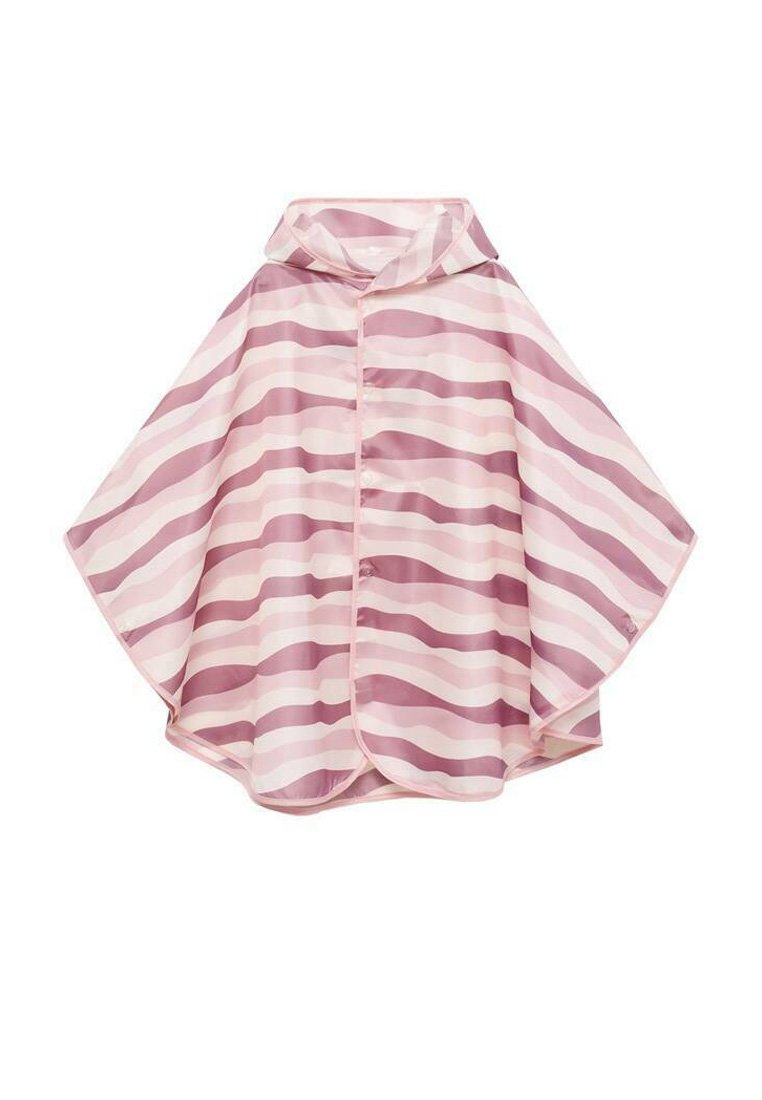 Roza in mauve prugasta ponča z kapuco; izdelana iz lahkega, svetlečega materiala; ima sprednje zapiranje na gumbe in zaobljene robove.