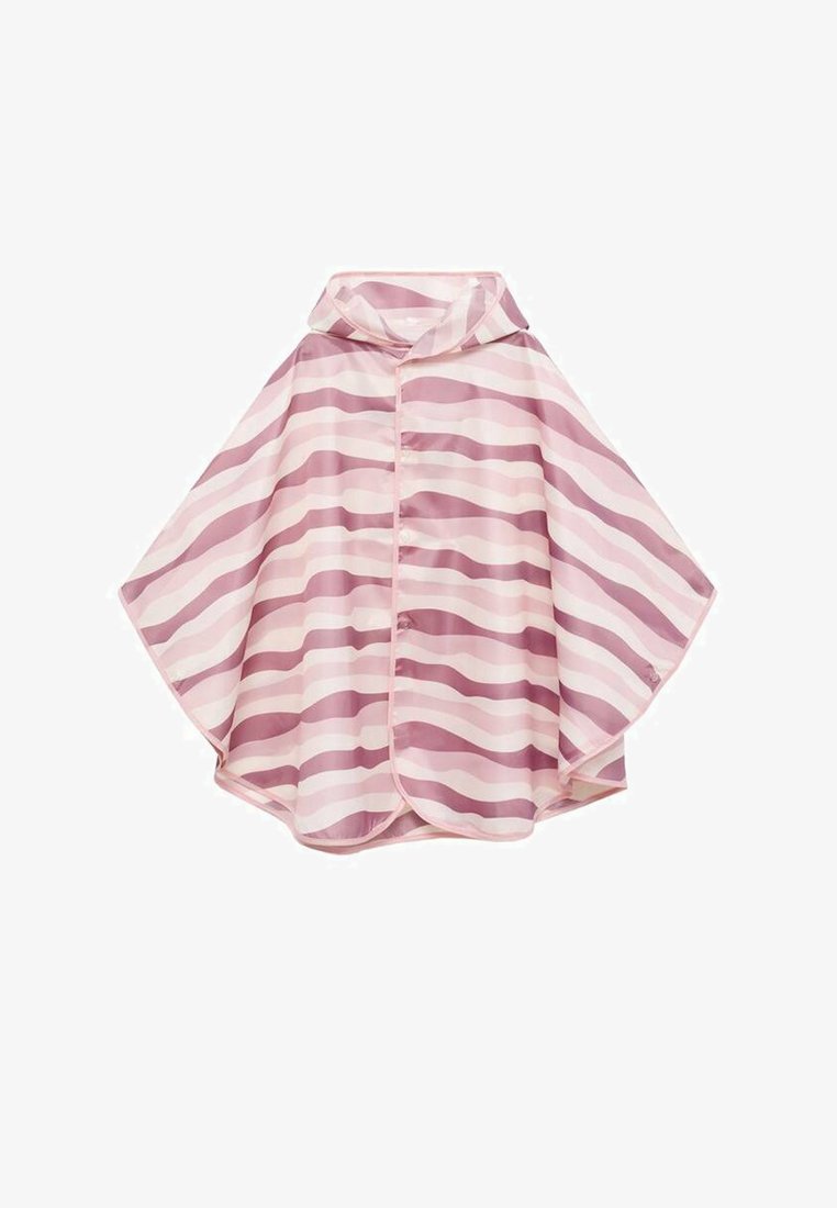 Roza in mauve prugasta ponča z kapuco; izdelana iz lahkega, svetlečega materiala; ima sprednje zapiranje na gumbe in zaobljene robove.