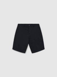 Black shorts made of smooth fabric; tailored fit with side pockets, a button closure, and a clean hem without visible patterns.
