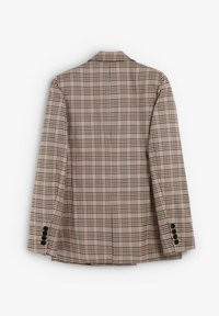 Beige and brown plaid blazer with black buttons on the cuffs, displayed from the back against a white background.