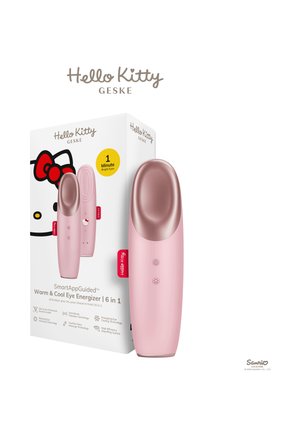 Appareil masseur pour les yeux rose de la marque Hello Kitty avec fonctions chaude et froide, accompagné de sa boîte d'emballage blanche affichant le logo Hello Kitty.