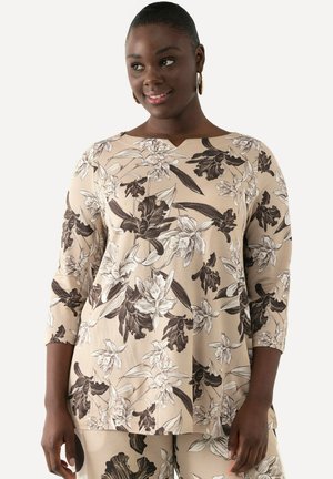 Ulla Popken FLORAL STRETCH FLIT WIDE NECK 3/4 SLEEVE - Pusero - beige
