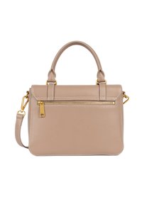 Borsa a mano in pelle beige con design strutturato, accessori in metallo dorato, manico superiore e tracolla regolabile. Presenta una tasca frontale con zip.