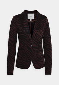 Brun och svart zebra-randig kavaj med slagkrage, enkel knappstängning och två framfickor. Mjuk tyg, figursydd design.