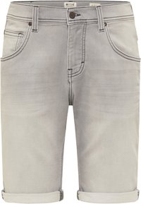 Pantalones cortos de mezclilla gris claro con puños enrollados, cinco bolsillos y costuras en contraste. Presenta un cierre de botón y trabillas para cinturón.
