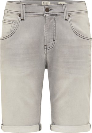 Világosszürke farmer rövidnadrág, felhajtott alsórésszel, öt zsebbel és kontrasztos varrással. Gombos zárral és övhurkokkal rendelkezik.