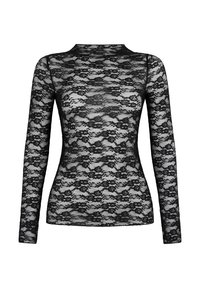 Μαύρο μακρυμάνικο τοπ από δαντέλα με εφαρμοστή γραμμή, που διαθέτει λουλουδάτο σχέδιο και ψηλό λαιμό, φτιαγμένο από διαφανές δαντελένιο υλικό.