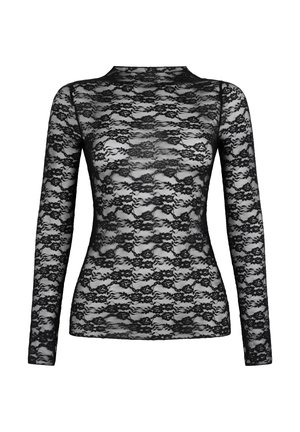 Zwarte kanten top met lange mouwen en een aansluitende pasvorm, voorzien van een bloemenpatroon en een hoge hals, gemaakt van doorschijnend kantmateriaal.